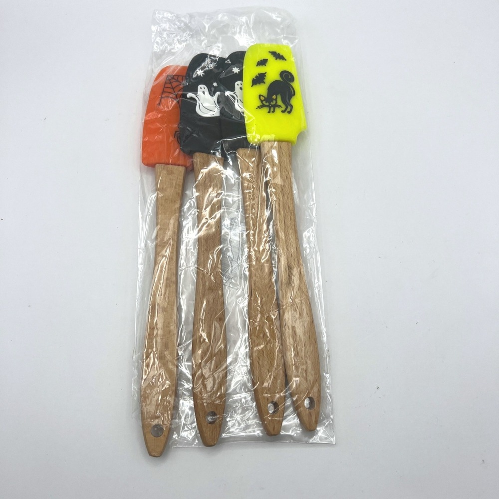 Halloween Silicone Spatula Set 4pc Wood Handle Ghost Cat Spiderweb Spooky Baking